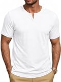 Runcati Męski T-shirt na lato, krótki rękaw, Henley, koszulka męska z dekoltem w serek, jednokolorowa, luźna, lekka koszulka basic z listwą guzikową, biały, XXL