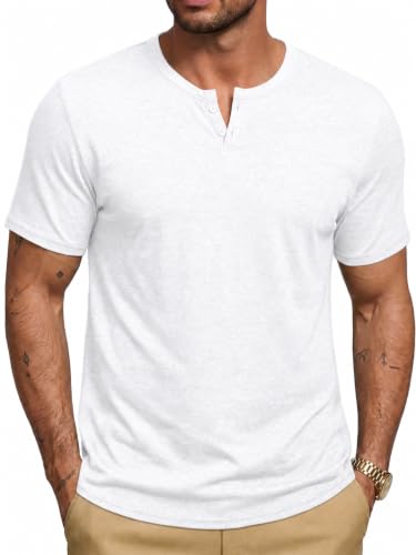 Runcati Męski T-shirt na lato, krótki rękaw, Henley, koszulka męska z dekoltem w serek, jednokolorowa, luźna, lekka koszulka basic z listwą guzikową, biały, XXL