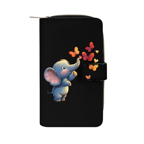 Butterfly Elephant Women's Long Wallets Leather Card Holder Purse Zippered Buckle Clutch Handbag