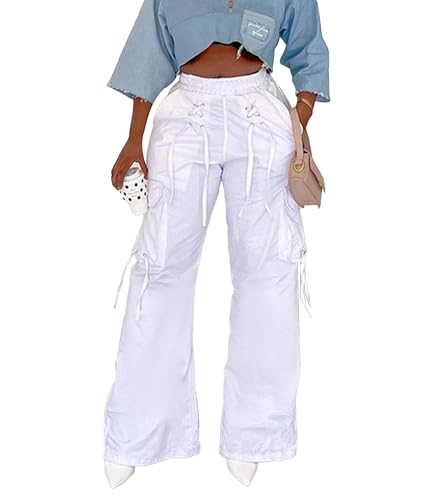 SOMTHRON Women's Baggy Cargo Pants Elastic Waist Wide Leg Parachute Pants Bandage Flap Pockets Y2K Trousers