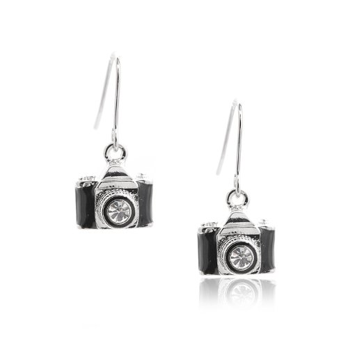 Spinningdaisy Dangling Classic Film Camera Earrings (Black with Silver FBA)