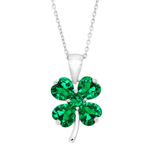 Finecraft Shamrock Clover Pendant Necklace with Green Cubic Zirconia in Sterling Silver, 18