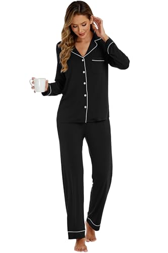 Image of LUBOT Womens Bamboo Viscose Pajamas for Women 2 Piece PJ Set Ultra Buttery Soft Cooling Button Long Sleeve Sleepwear S-XXL