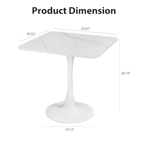 Image of 30 inch Square White Modern Dining Table - Faux Marble Tulip Kitchen Table with Heavy Duty Pedestal Metal Base, Mid-Century Bistro Table for Small Spaces, Apartment, Dining Room, 2-4 People