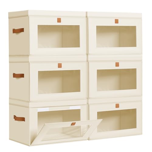 Image of DIMJ Storage Bins with Lids - 6 Pack Large Fabric Closet Organizer with Window & Handles, Collapsible Decorative Storage Boxes for Shelves Under Bed, Books Clothes Blankets Sweaters Organization