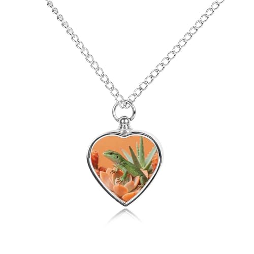 Custom Fire Lizard on Succulents Urn Necklaces for Ashes with Filling Kit Memorial Necklace Heart Pendant 27.6" Chain Cremation Jewelry Keepsake Urn Locket Pets Memorial Gifts for Loss of Dog Cat