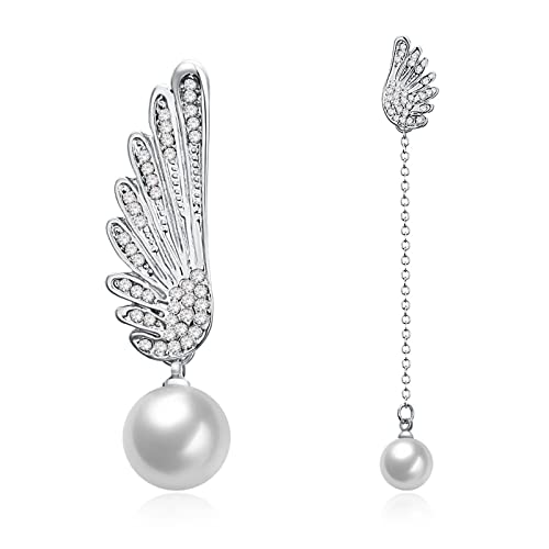 ZQHWYZ 14K Yellow Gold Drop Earrings for Women Dangling, Long Asymmetrical Diamond Wing with Pearl Dangle Earrings for Women Gol
