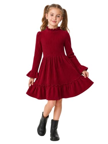 Image of FishingDino Girls' Dresses 1-8 Years for Autumn & Winter, Long Bell Sleeves Toddler Dress Ruffle Mock Neck & Tiered Ribbed Knit Sweater Dress, 5-6 Years, Red