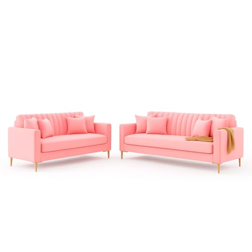 Image of 3+2 Seater Velum Fabric Sofa Set for Living Room, Modern Design with High Density Foam, Solid Wood Frame, Ergonomic Comfortable Seating for Home & Office (Baby Pink, 3+2 Seater) | Soft foam comfort, Strong wood frame
