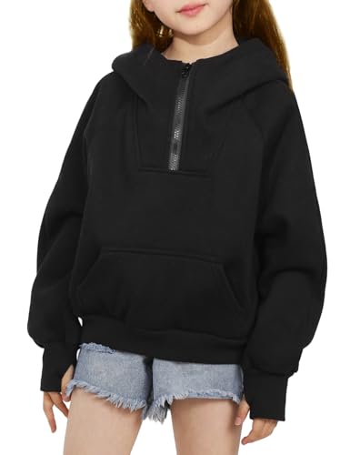 Girls' Hoodies Sweatshirts Half Zipper Fleece Pullover Crop Tops for Teen Girls Long Sleeve Sweater Thumb Hole