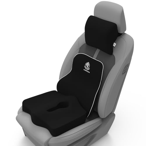 Image of MRRON Memory Foam Posture Corrector Car Seat Cushions Combo | Orthopedic Backrest, Coccyx Cushion & Neckrest | Ergonomic Lumbar Comfort Seat Cushion | Reduces Sciatica, (Black, Long Back)