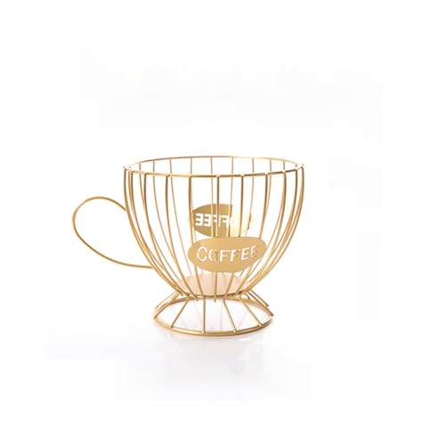 ikasus Iron Metal K Cup Coffee Pod Holder Organizer Basket Fruit Tabletop Organizer for Kitchen Restaurant and Office Fruit Bread Snacks and Coffee Capsules Storage, Gold CupTea Cup