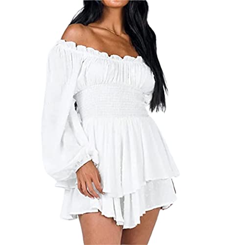 Dress Jumpsuit for Women Layer Ruffle Hem Rompers Off Shoulder Long Flare Sleeve Fairy Mini Dress Playsuit Y2k Fall (White, S)