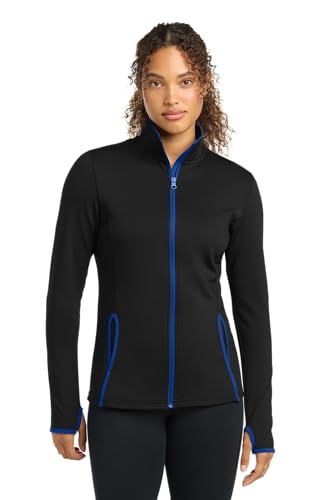 SPORT-TEK Women's Sport-Wick Stretch Contrast Full Zip Jacket, Black/True Royal, XL