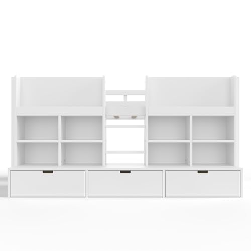 Image of Twin Size Low Loft Bed for Kids with Storage Shelves, Play Curtain & Chalkboard,Space-Saving Design,No Box Spring Needed (White-S7)
