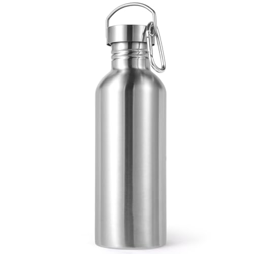 Volhoply 32oz Uninsulated Single Walled Water Bottle, Stainless Steel Sports Water Bottles with Handle & Carabiner, BPA Free Lightweight Water Bottles for Hiking, Biking, Running（Sliver,1）