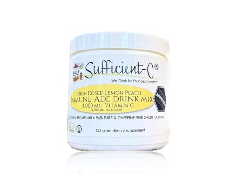 Sufficient-C High Dose Non-GMO Vitamin C Lemon Peach Immune-Ade Drink Mix, Convenient 125 Gram Size w/L-lysine, Bromelain & a Premium 96% Pure Green Tea Extract - Stomach Friendly, Adrenal Supportive