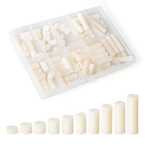 Image of Exqutoo White ABS Round Washers ID 3.2mm, OD 7mm, 3mm 5mm 6mm 8mm 10mm 12mm 15mm 18mm 20mm 25mm Length, Assortment Kit, Non-Threaded, Suitable for M3 Screws Hardware Spacer Bracket