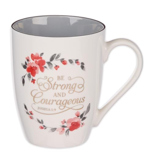 Christian Art Gifts Encouraging Coffee & Tea Ceramic Scripture Mug for Women: Strong & Courageous Golden Inspirational Bible Verse, Cute Novelty Non-toxic Drinkware, White/Gray & Pink Floral, 12 oz.