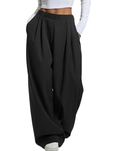 ticticlily Pantalon Femme Fluide Baggy Jambe Large Droit Taille Haute Elastischer Pantalons Ample Chic et Elegant Décontracté de Casual Travail A Noir XXL