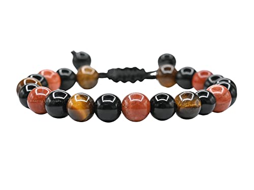 Amazing Gemstone Anti Bullying Manifestation Bracelets - Black Obsidian Tiger Eye Red Jasper Bracelet Set for Healing Calming Anxiety Stress Relief Gifts Pulseras Para Hombres Mujer (Adjustable)