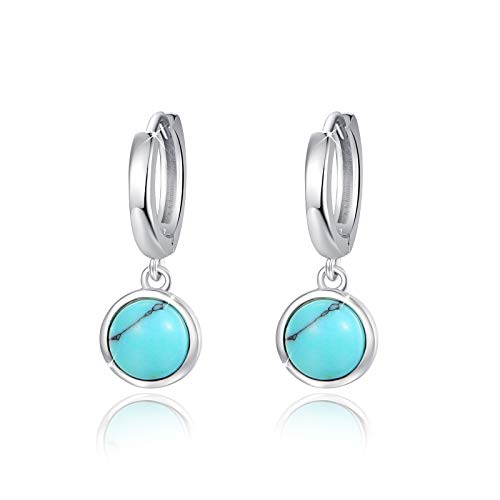 Turquoise Small Hoops Earrings, 925 Sterling Silver Round Shape Huggie Hypoallergenic for Sensitive Ears, Turquoise Jewelry for Women Mom Wife Girlfriend with Box