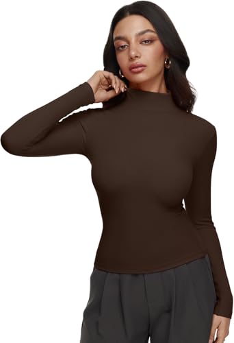 Image of REORIA Women's Turtleneck Tops Slim Basic Mock Neck Long Sleeve Shirts 2025 Fall Winter Layering Outfits
