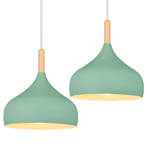 iDEGU 2 Piezas Lámpara Colgante Moderna, 24cm Lámpara de Techo Retro en Madera Metal Estilo Escandinavo Vintage Iluminación E27 Luz de Techo Interior para Comedor Salon Dormitorio (Verde)