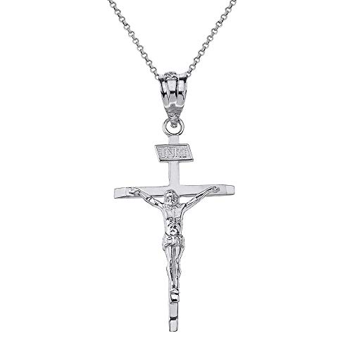 Solid 10k White Gold Catholic Jesus Christ on INRI Crucifix Cross Pendant Necklace (1.19