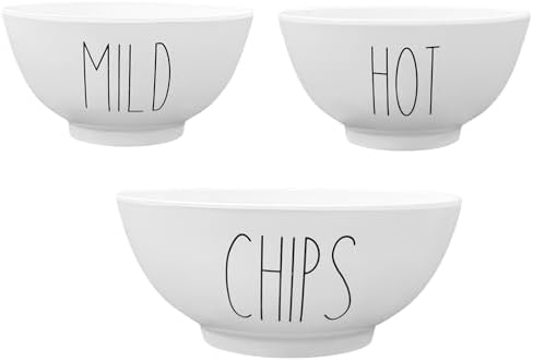 Farmhouse Chips and Salsa Bowl Set (Hot and Mild), White, Shatterproof Serving Dishes, Dishwasher-Safe, Durable