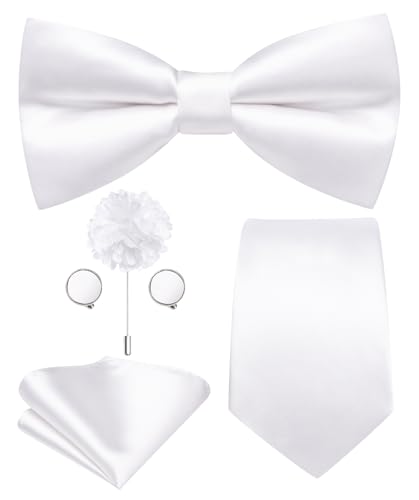 Image of Hi-Tie 5Pcs Mens Solid Color Silk Tie Satin Pretied Bowtie Lapel Pin for Men Handkerchief Cufflink Wedding Gift Box