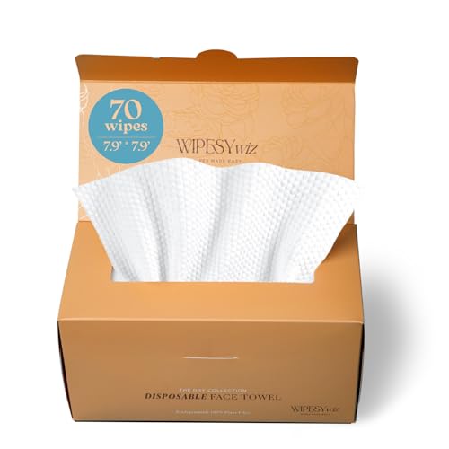 WIPESYwiz Toallas faciales desechables, 1 paquete/70 unidades, enriquecidas con extracto de camelia, toallitas de limpieza facial grandes, paños desmaquillantes de secado rápido, toallas suaves para