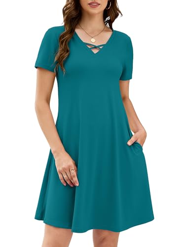 Image of KORSIS Women's Dresses Summer Casual T-Shirt Short Sleeve Criss Cross V Neck Swing Beach Vacation Sundress Dress with Pockets