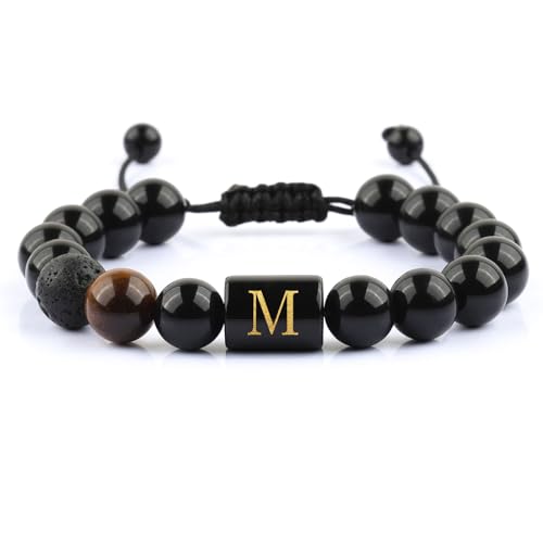 Initials Bracelets for Men Letter Link Handmade Natural Black Onyx Tiger Eye Stone Beads Braided Bracelet, Adjustable Charm Bracelet Jewelry Gifts for Him (M)
