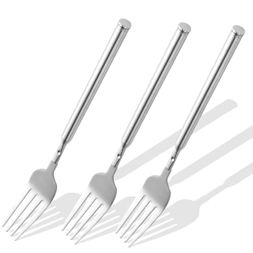 【3 PCS】Extendable Fork for Jokes, Expandable Forks, Extended/Extending/Extend, Extension from 8.7" to 25.4" Long, Stainless Steel Telescopic/Telescoping/Retractable Dinner Fork. Silver