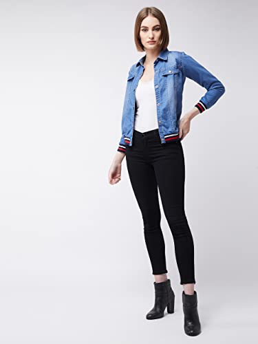Image of Miss Chase Women's Polo Neck Full Sleeves Patch Pocket Denim Overcoat Knee-Length Jacket