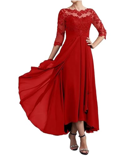 Image of GDJDIFK Chiffon Mother of The Bride Dresses - 3 /4 Sleeve Lace Applique Ruched Tea Length Formal Dress for Women Red