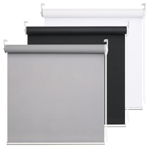DHSVFCR 100% Blackout Roller Blind UV Blocking Thermal Insulated Fabric Child Safe Easy to Install and Use Fit Bathroom Kitchen Bedroom Home Office Window Cord Control Grey 20W x 185H cm