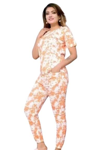 Women Tie and Dye Nightsuit Set Poly Crepe Short Sleeve Shirt Pyjamas Printed Comfortable Fit-image-35