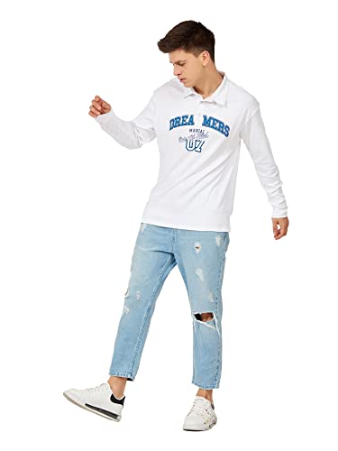 Image of Maniac Mens Printed Polo Neck Full Sleeve White and Blue Oversized Fit Cotton T-Shirt