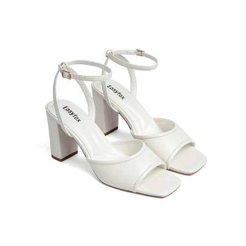 Image of Easyfox Open Toe Chunky Heel Sandals for Women Ankle Strap 3 Inch High Heels Dress Wedding Block Shoes