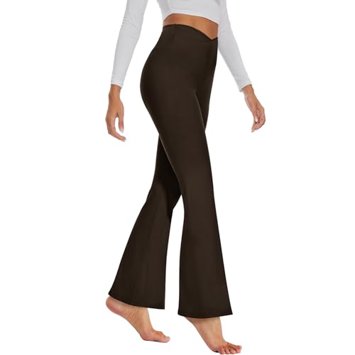 GAYHAY Flare Leggings for Women - Crossover Yoga Pants High Waist Tummy Control Bootcut Workout Flared Leggings No Pockets Medium Brown