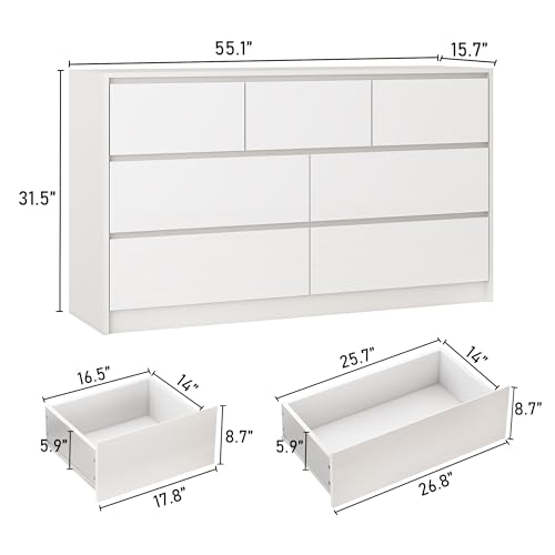 White Malm Dresser for Bedroom, 55 Inch Long Dresser High Gloss Dresser with 7 Drawers, Modern Large Wood Chest of Drawer Handle Free, Dresser for Kids Bedroom, Living Room, Entryway, Hallway, White - Thumbnail 2
