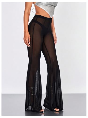 Milumia Women's Sheer Mesh Flare Pants Sexy High Waist Loose Bell Bottoms Party Club Trousers2