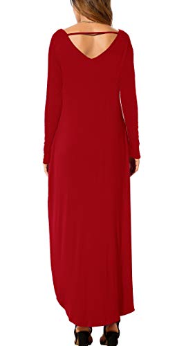 GRECERELLE Women's Casual Loose Pocket Long Dress Long Sleeve Split Maxi Dresses Red Small