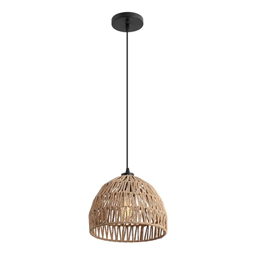 Image of JONATHAN Y 10.25 inch Brown Modern Bohemian Woven Rope LED Pendant Light Fixture, Adjustable Dome Ceiling Lamp for Kitchen Island, Rope Shade, Coastal Farmhouse Decor (JYL6513E)