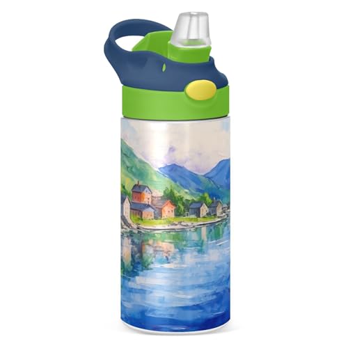 Lakeside View - Botella de agua para niños de 12 onzas con pajilla, sin BPA, de acero inoxidable, aislada al vacío, a prueba de fugas, con asa, para niños y niñas