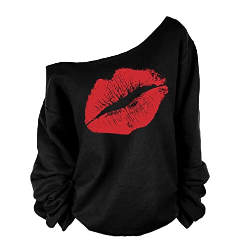Eleery T-Shirt Tops Femme Manches Longues Imprimé Lèvre Épaules Nues Off-épaule Off Shoulder Batwing Encolure Plaine Sexy Lâche Casual (FR40-42, Noir avec lèvre Rouge) Cover