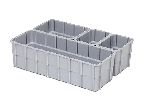 1a-TopStore Einsatzkasten Einteilungs-Set für Eurobehälter, Schubladen mit Innenmaß 362x262 mm (LxB), 102 mm hoch, verschiedene Größen/Farben (4er Mix Set, grau)