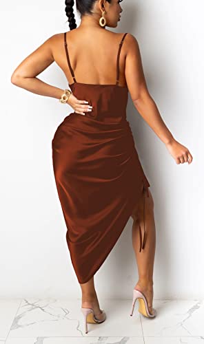 Image of Club Dress Sexy Dress for Women Wedding Party Birthday Cocktail Spaghetti Strap Satin Side Ruched Midi Mini Dress